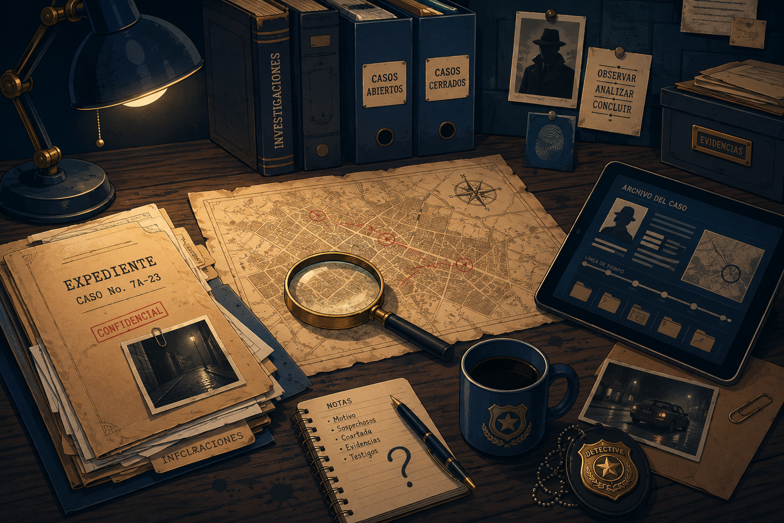 Escritorio de investigación con lupa, expedientes y una tablet, en tonos azul noche y arena.